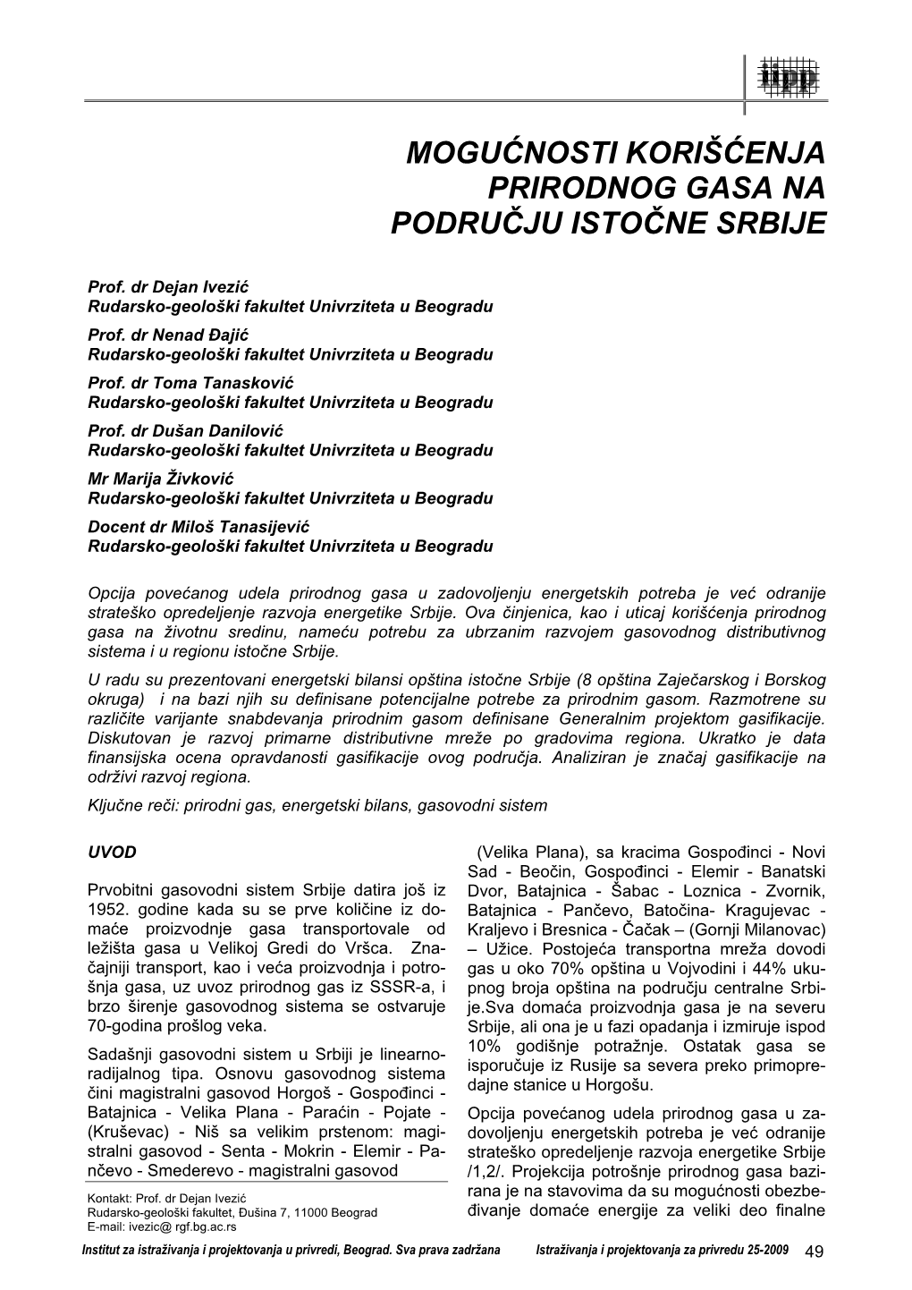 Mogućnosti Korišćenja Prirodnog Gasa Na Području Istočne Srbije