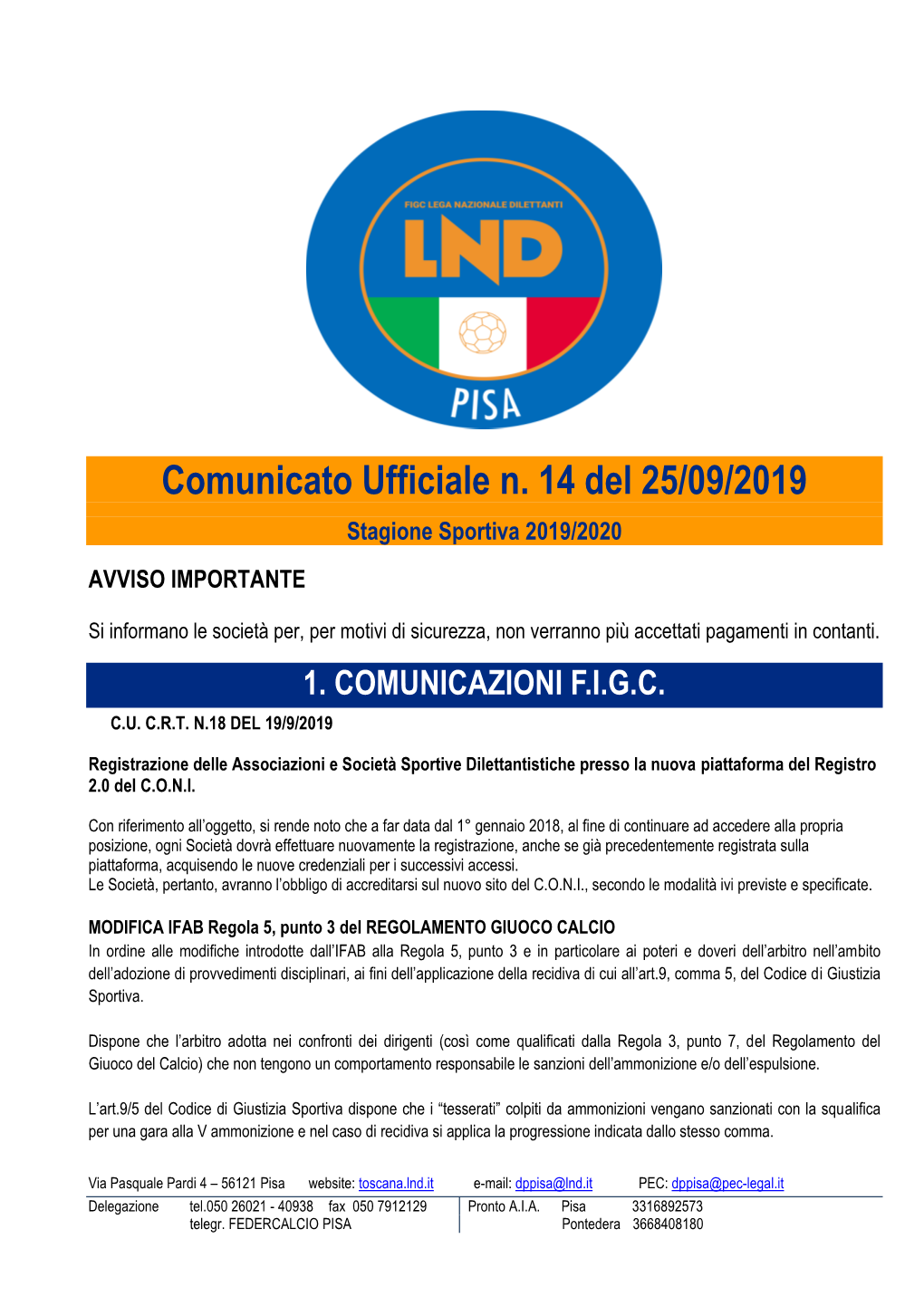 Comunicato Ufficiale N. 14 Del 25/09/2019