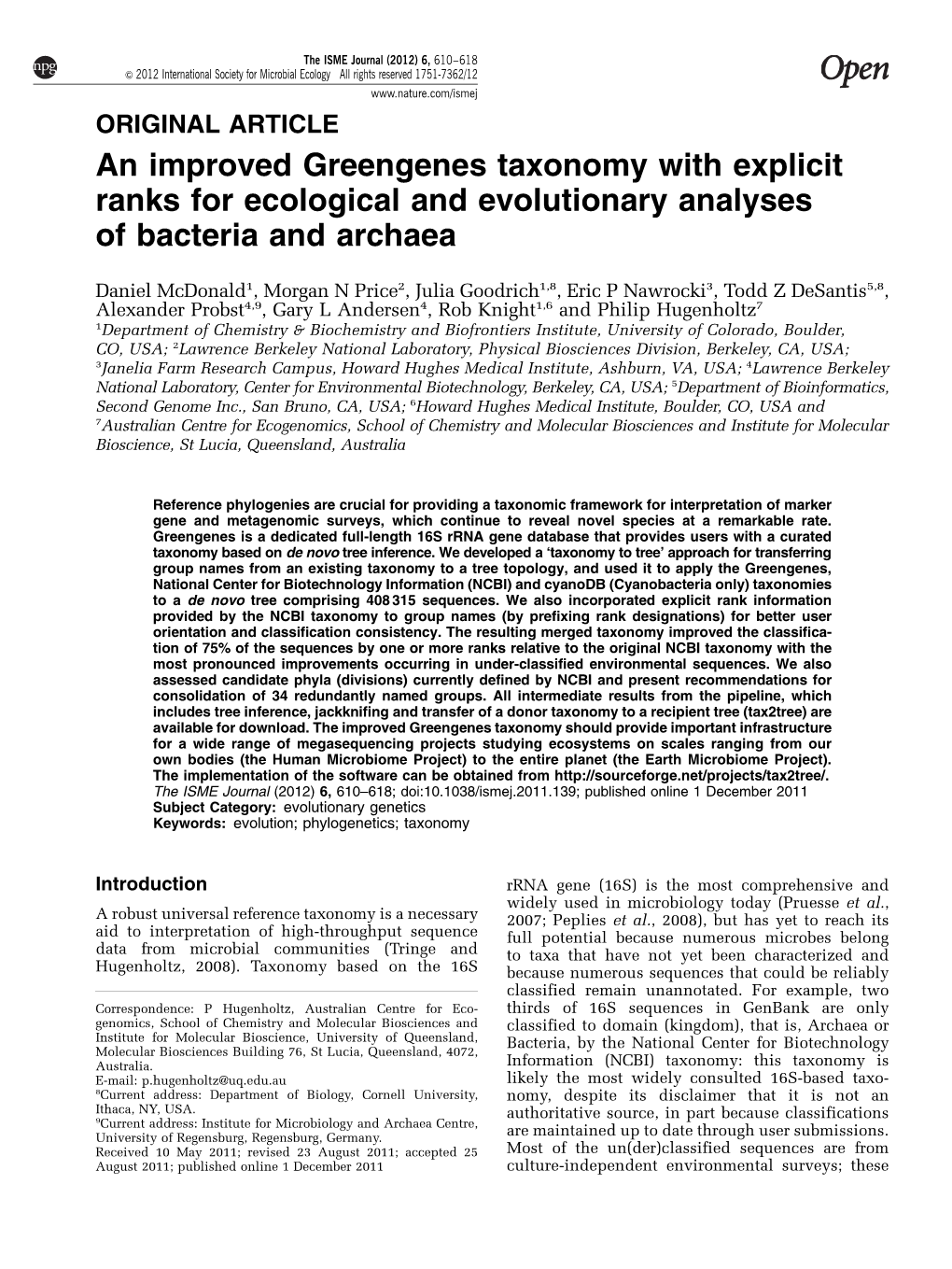 An Improved Greengenes Taxonomy with Explicit Ranks for Ecological and Evolutionary Analyses of Bacteria and Archaea