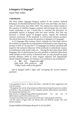 Is Bangani a V2 Language?1 Claus Peter Zoller