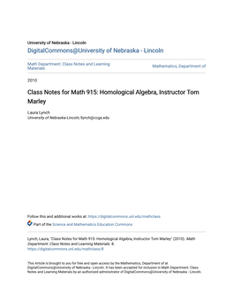 Class Notes for Math 915: Homological Algebra, Instructor Tom Marley