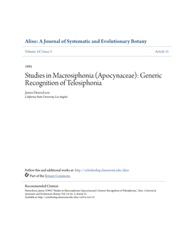 Studies in Macrosiphonia (Apocynaceae): Generic Recognition of Telosiphonia James Henrickson California State University, Los Angeles