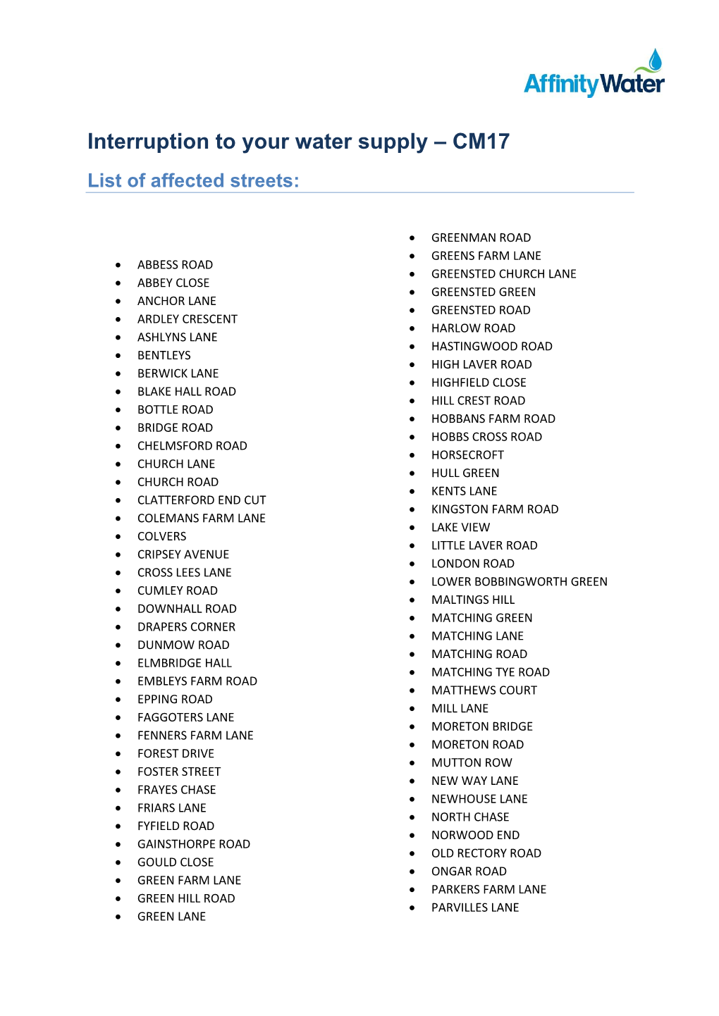 CM17 List of Affected Streets