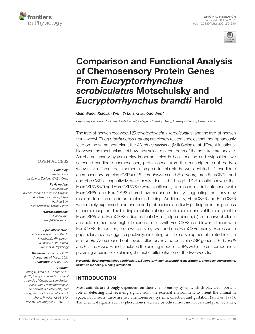 Comparison and Functional Analysis of Chemosensory Protein Genes from Eucryptorrhynchus Scrobiculatus Motschulsky and Eucryptorrhynchus Brandti Harold