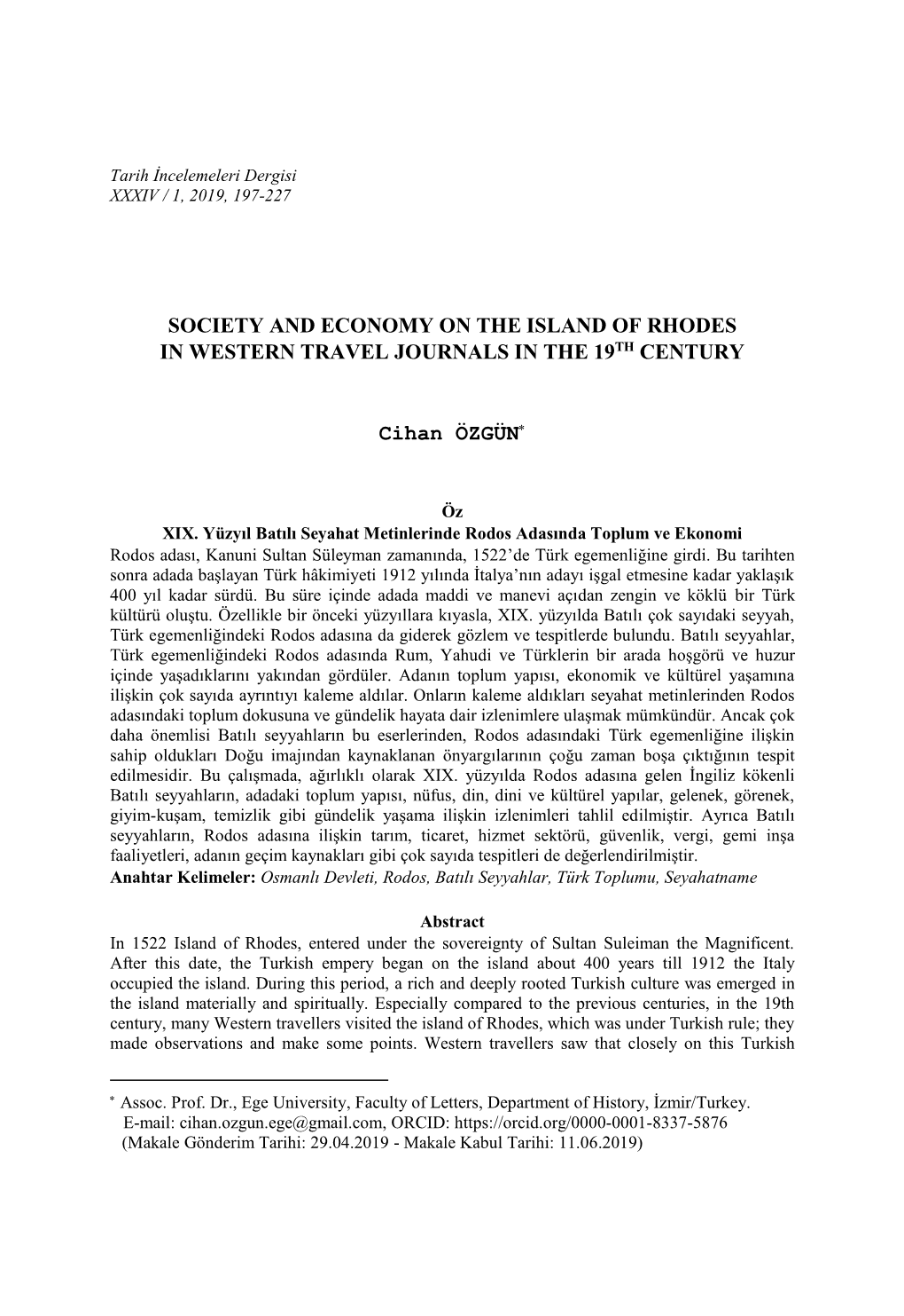 Society and Economy on the Island of Rhodes in Western Travel Journals in the 19Th Century