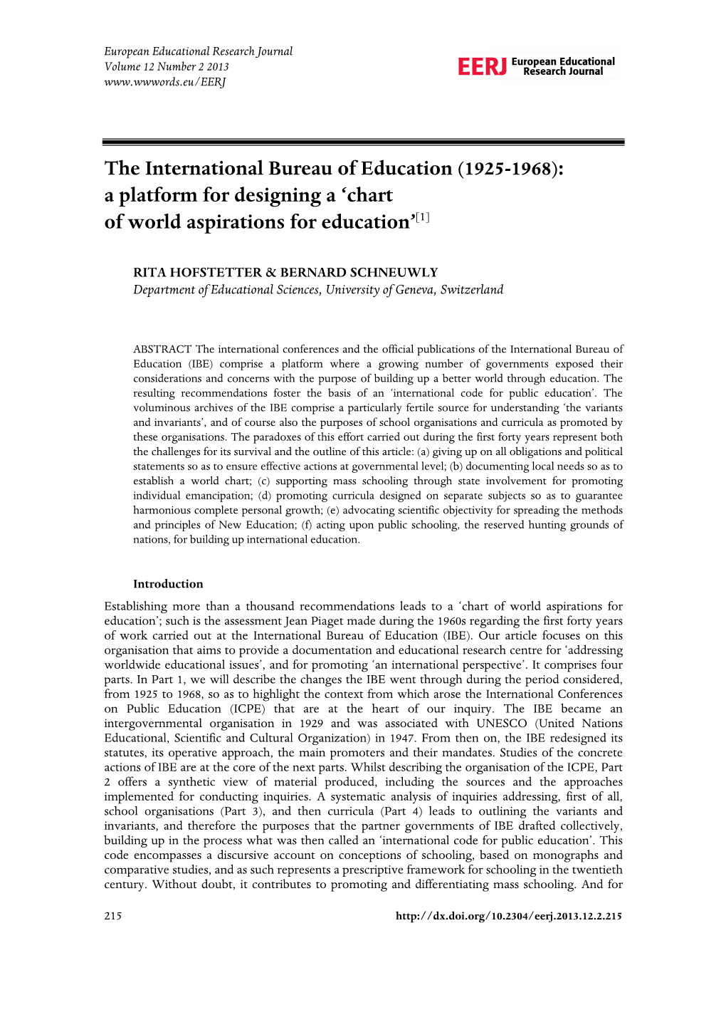 The International Bureau of Education (1925-1968): a Platform for Designing a ‘Chart of World Aspirations for Education’[1]