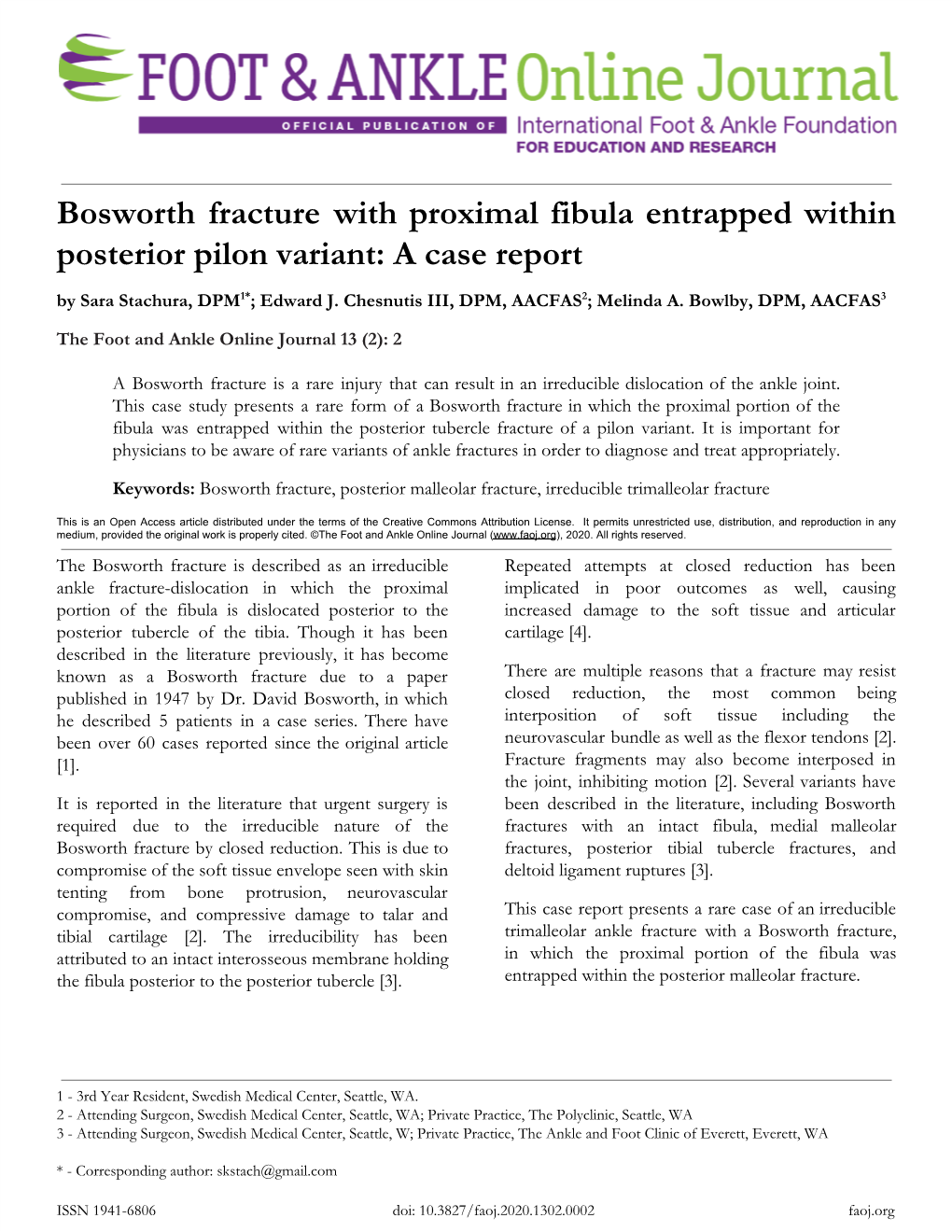 Bosworth Fracture with Proximal Fibula Entrapped Within Posterior Pilon Variant: a Case Report