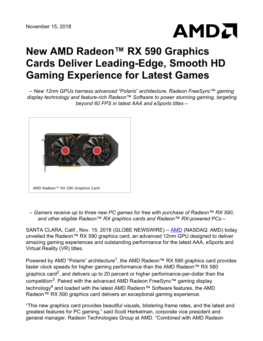 New AMD Radeon™ RX 590 Graphics Cards Deliver Leading-Edge, Smooth HD Gaming Experience for Latest Games