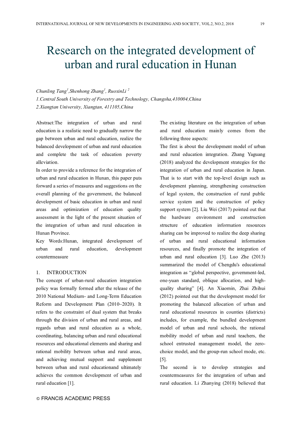 Research on the Integrated Development of Urban and Rural Education in Hunan