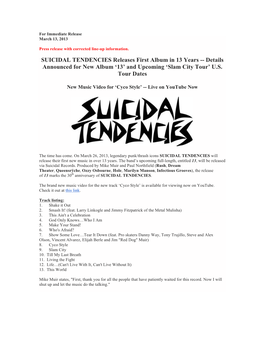 SUICIDAL TENDENCIES Releases First Album in 13 Years -- Details Announced for New Album ‘13’ and Upcoming ‘Slam City Tour’ U.S