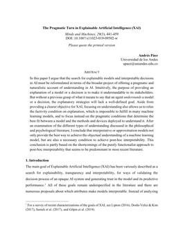 The Pragmatic Turn in Explainable Artificial Intelligence (XAI) Minds and Machines, 29(3), 441-459 DOI: 10.1007/S11023-019-09502-W