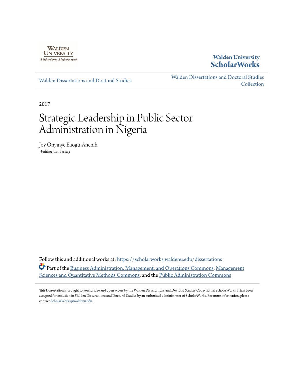 Strategic Leadership in Public Sector Administration in Nigeria Joy Onyinye Eliogu-Anenih Walden University