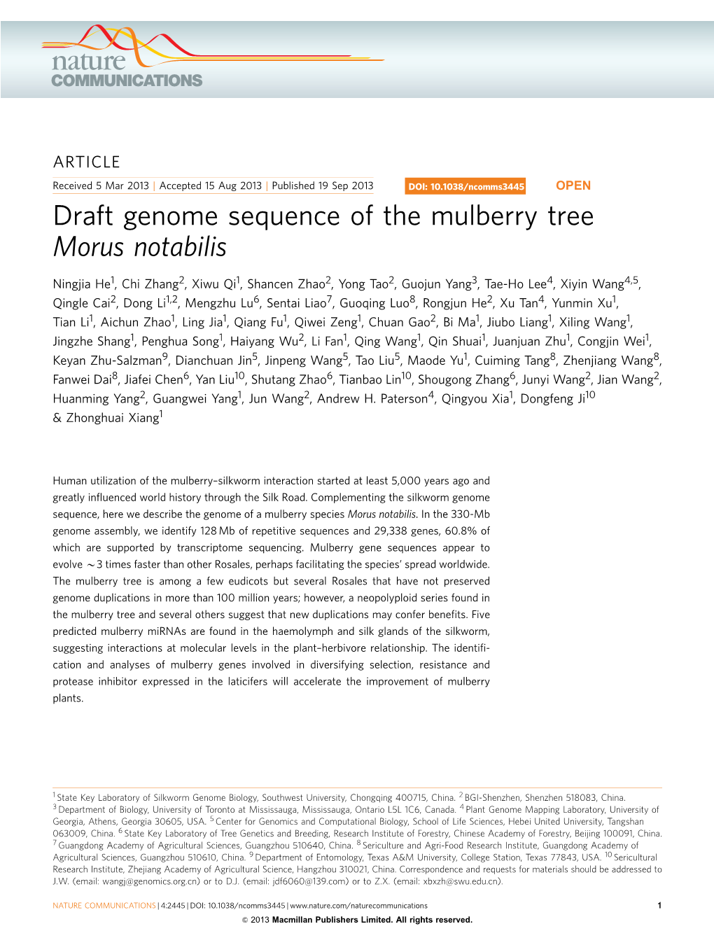 Draft Genome Sequence of the Mulberry Tree Morus Notabilis