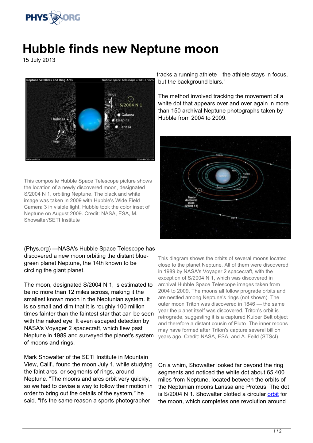 Hubble Finds New Neptune Moon 15 July 2013