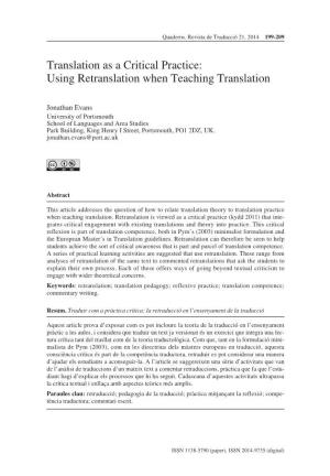 Translation As a Critical Practice: Using Retranslation When Teaching