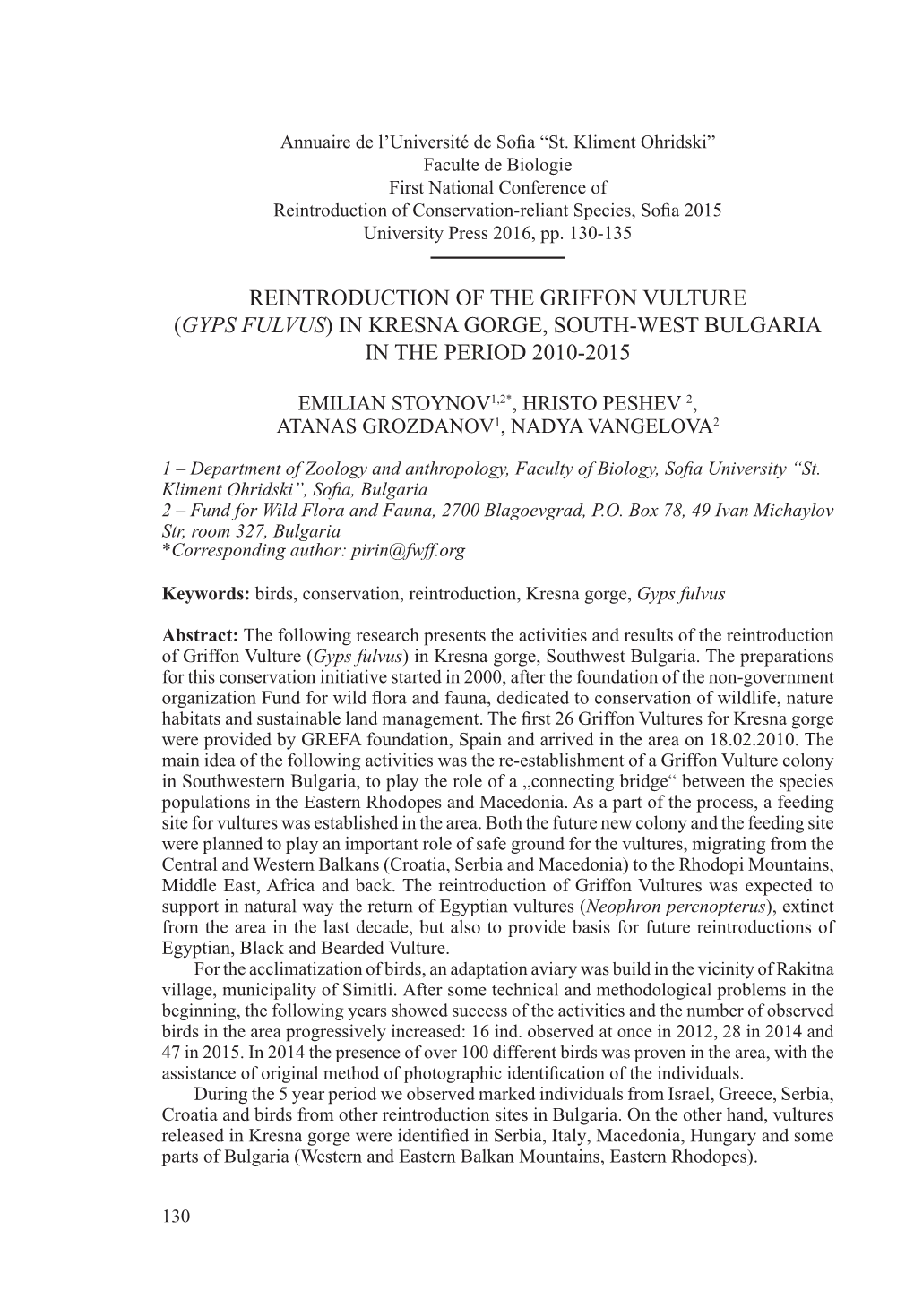 Reintroduction of the Griffon Vulture (Gyps Fulvus) in Kresna Gorge, South-West Bulgaria in the Period 2010-2015