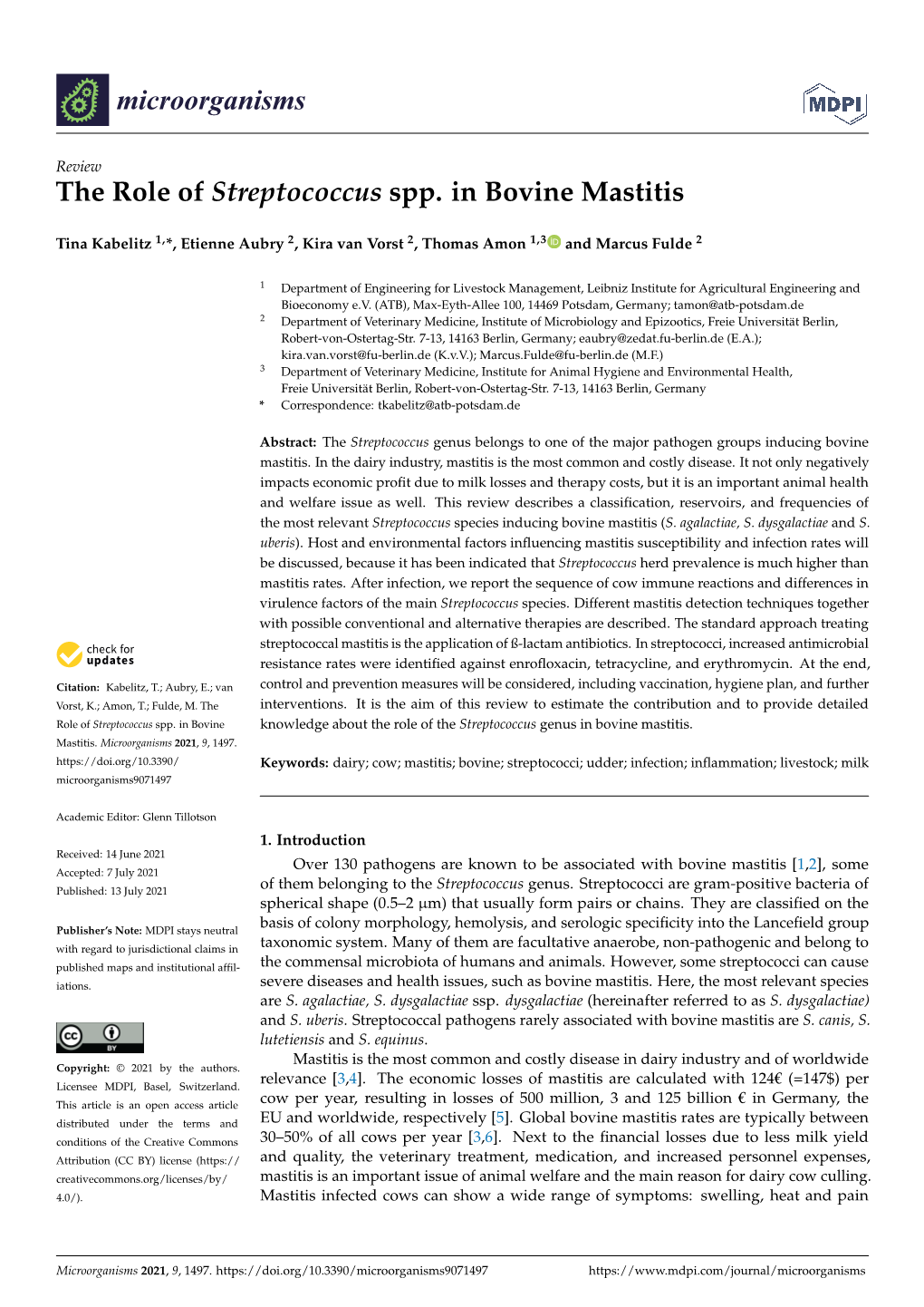 The Role of Streptococcus Spp. in Bovine Mastitis