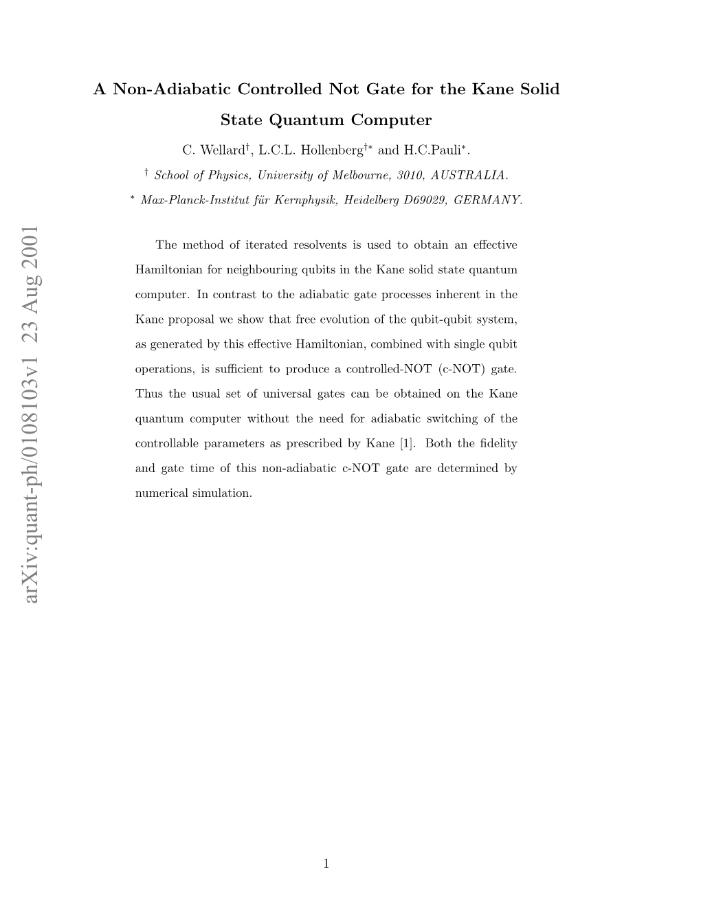 A Non-Adiabatic Controlled Not Gate for the Kane Solid State Quantum Computer