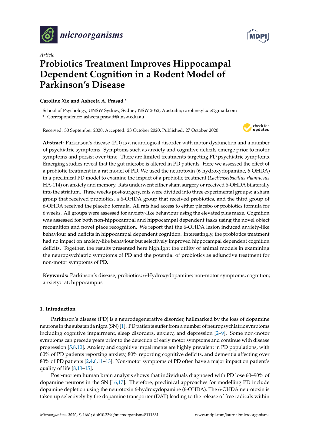 Probiotics Treatment Improves Hippocampal Dependent Cognition in a Rodent Model of Parkinson’S Disease