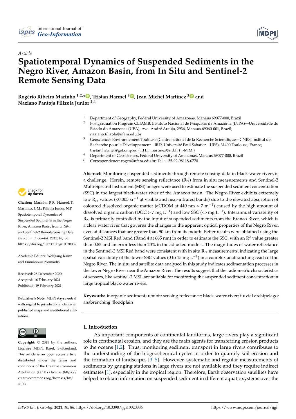 Spatiotemporal Dynamics of Suspended Sediments in the Negro River, Amazon Basin, from in Situ and Sentinel-2 Remote Sensing Data