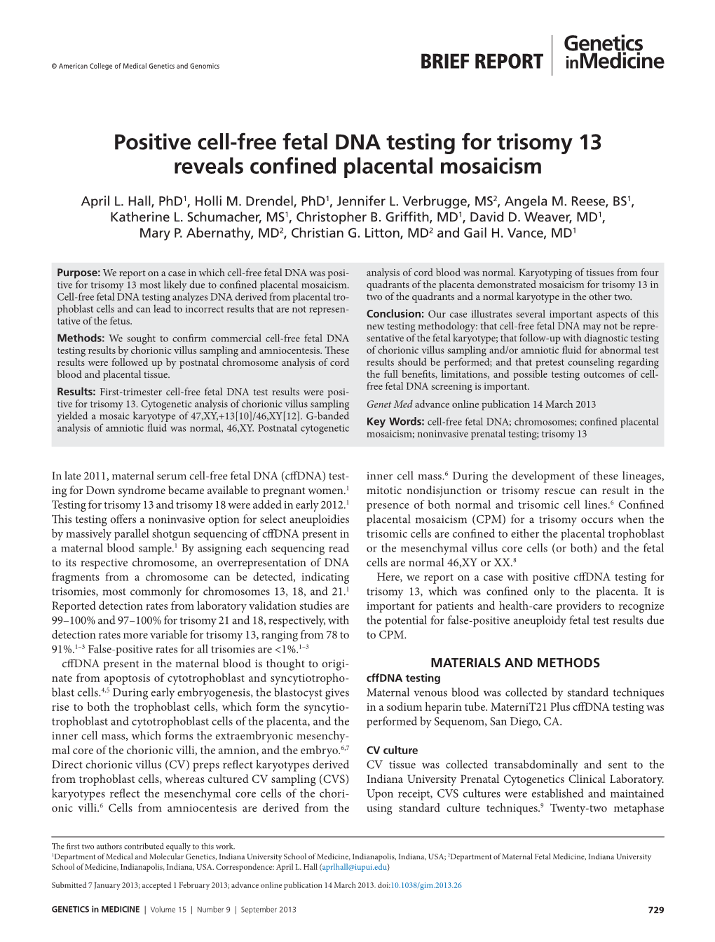 Positive Cell-Free Fetal DNA Testing for Trisomy 13 Reveals Confined Placental Mosaicism