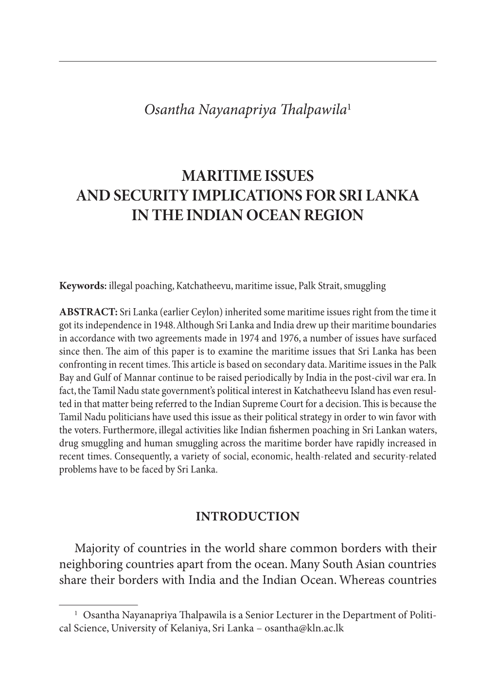 Maritime Issues and Security Implications for Sri Lanka in the Indian Ocean Region