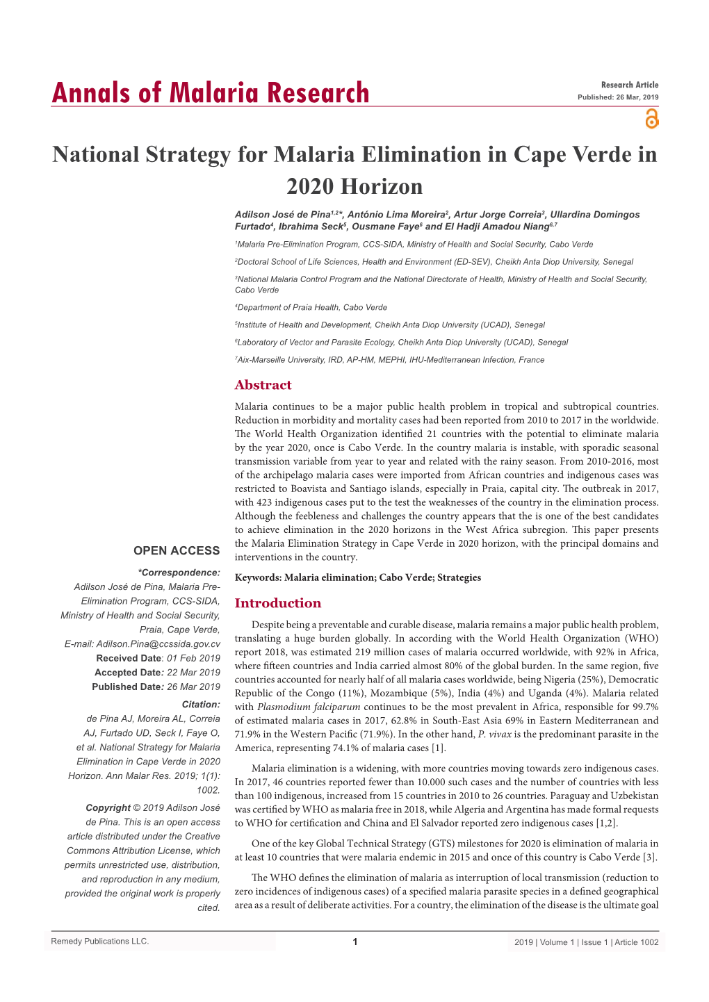 National Strategy for Malaria Elimination in Cape Verde in 2020 Horizon
