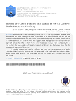 Proverbs and Gender Equalities and Equities in African Cultueres: Yoruba Culture As a Case Study