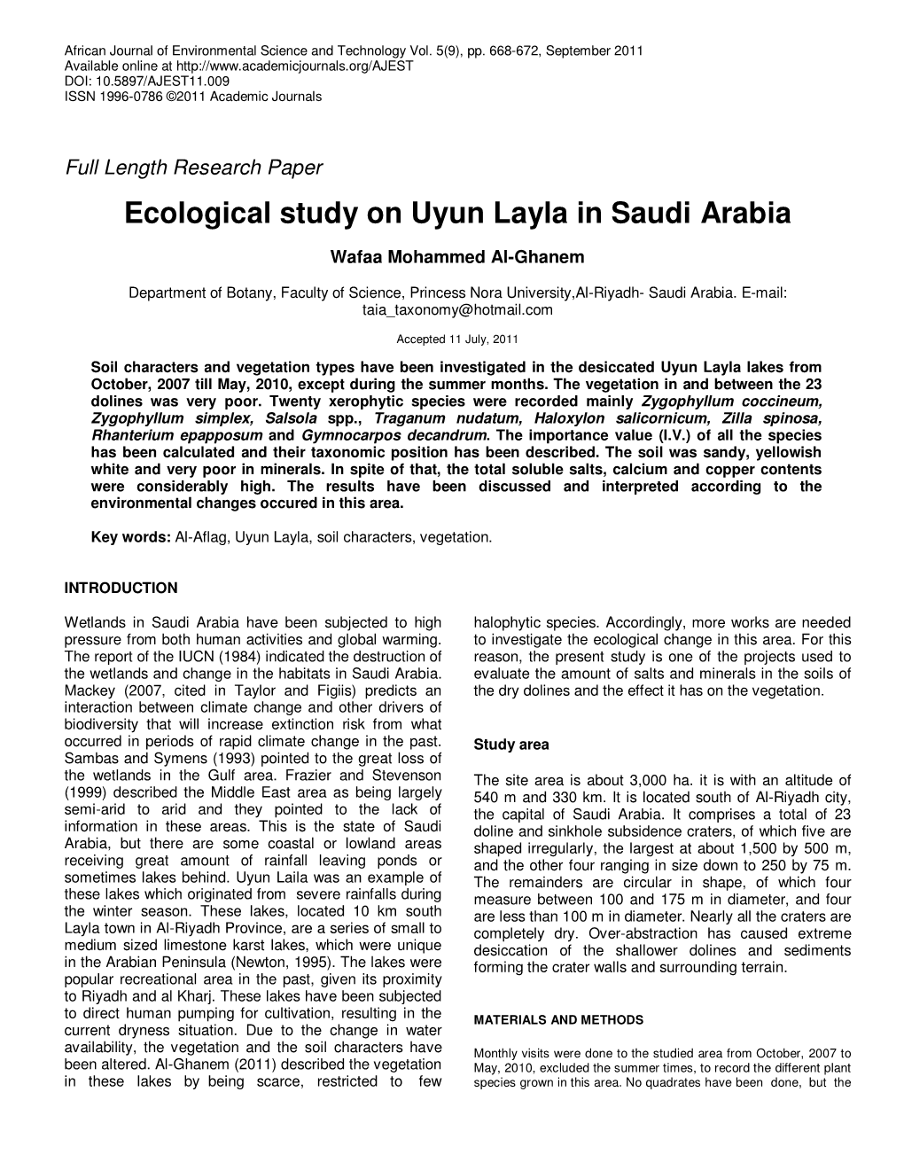 Ecological Study on Uyun Layla in Saudi Arabia