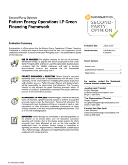 Pattern Energy Operations LP Green Financing Framework