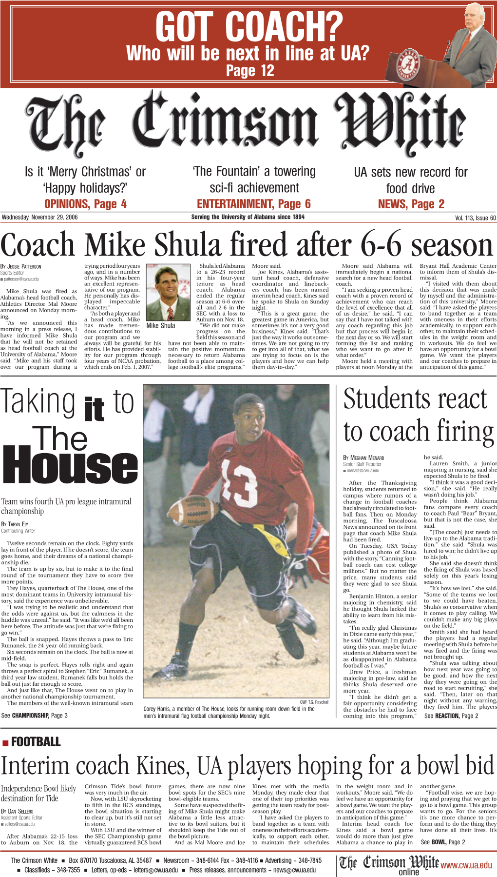 Coach Mike Shula Fired After 6-6 Season by JESSIE PATTERSON Trying Period Four Years Shula Led Alabama Moore Said
