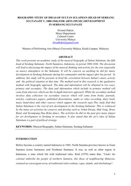 Biography Study of Ideas of Sultan Sulaiman (Head of Serdang Sultanate V, 1880-1946) for Arts (Music) Development in Serdang Sultanate