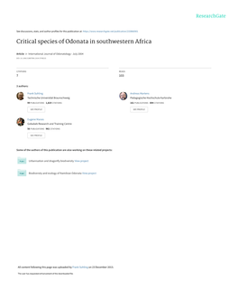 Critical Species of Odonata in Southwestern Africa.Pdf