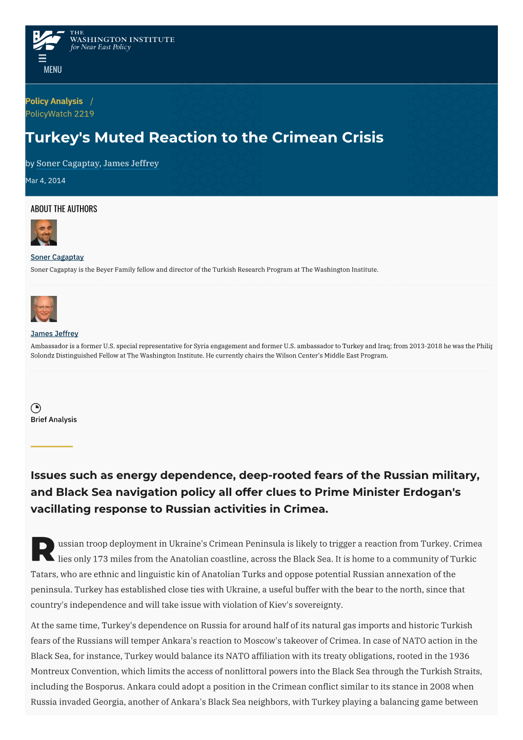 Turkey's Muted Reaction to the Crimean Crisis by Soner Cagaptay, James Jeffrey