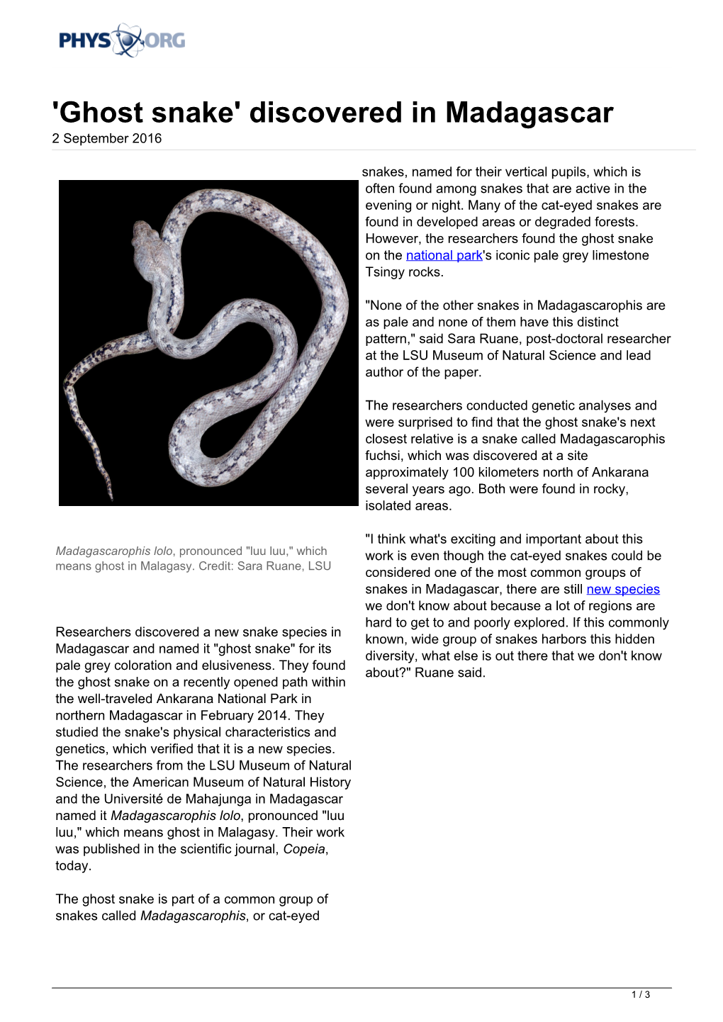 'Ghost Snake' Discovered in Madagascar 2 September 2016