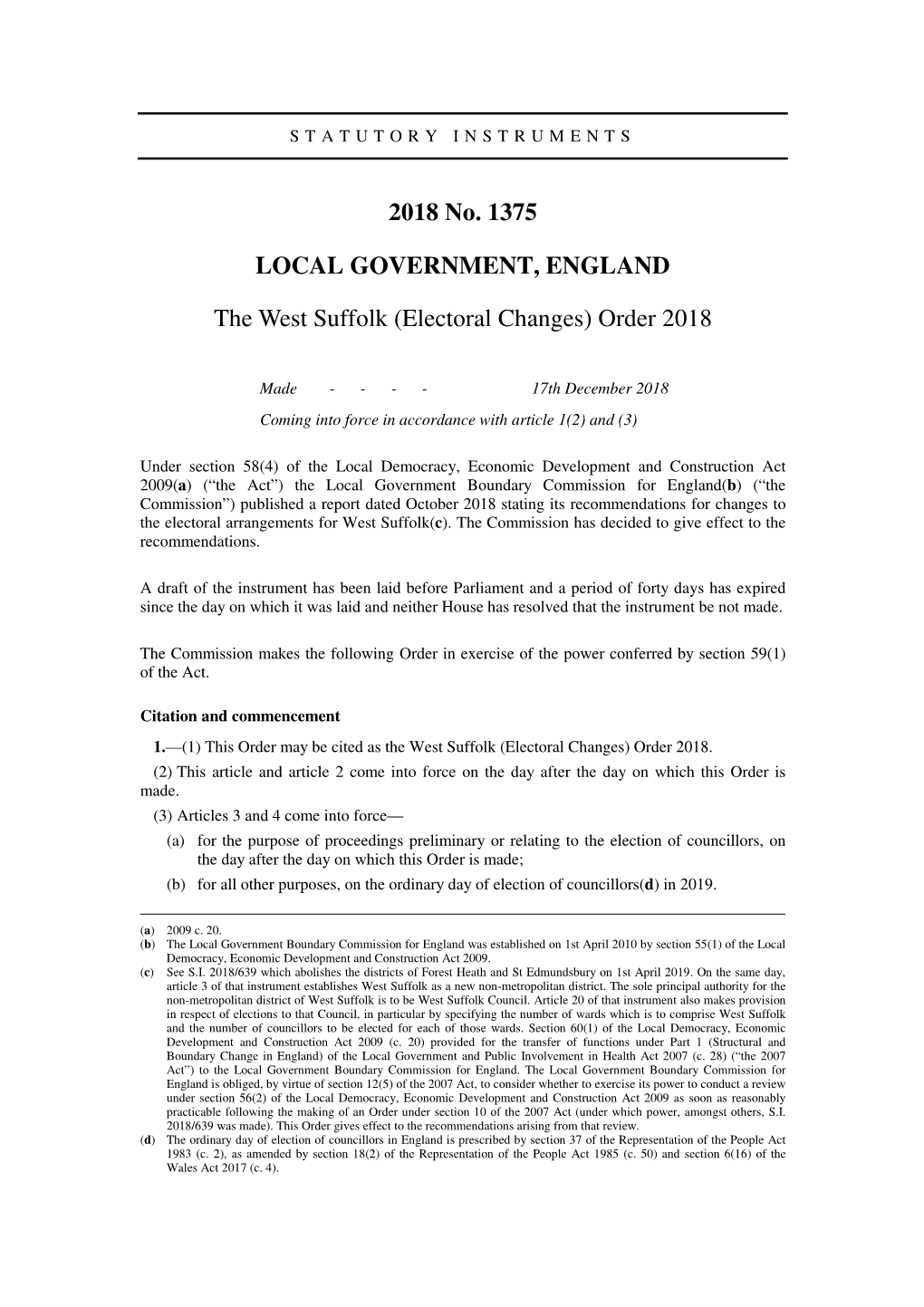 The West Suffolk (Electoral Changes) Order 2018