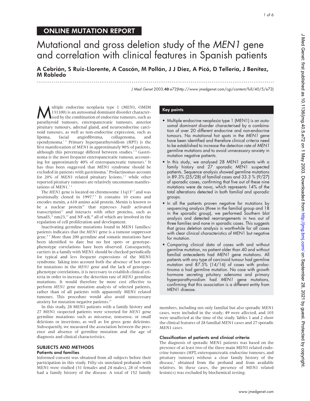 Mutational and Gross Deletion Study of the MEN1 Gene and Correlation With