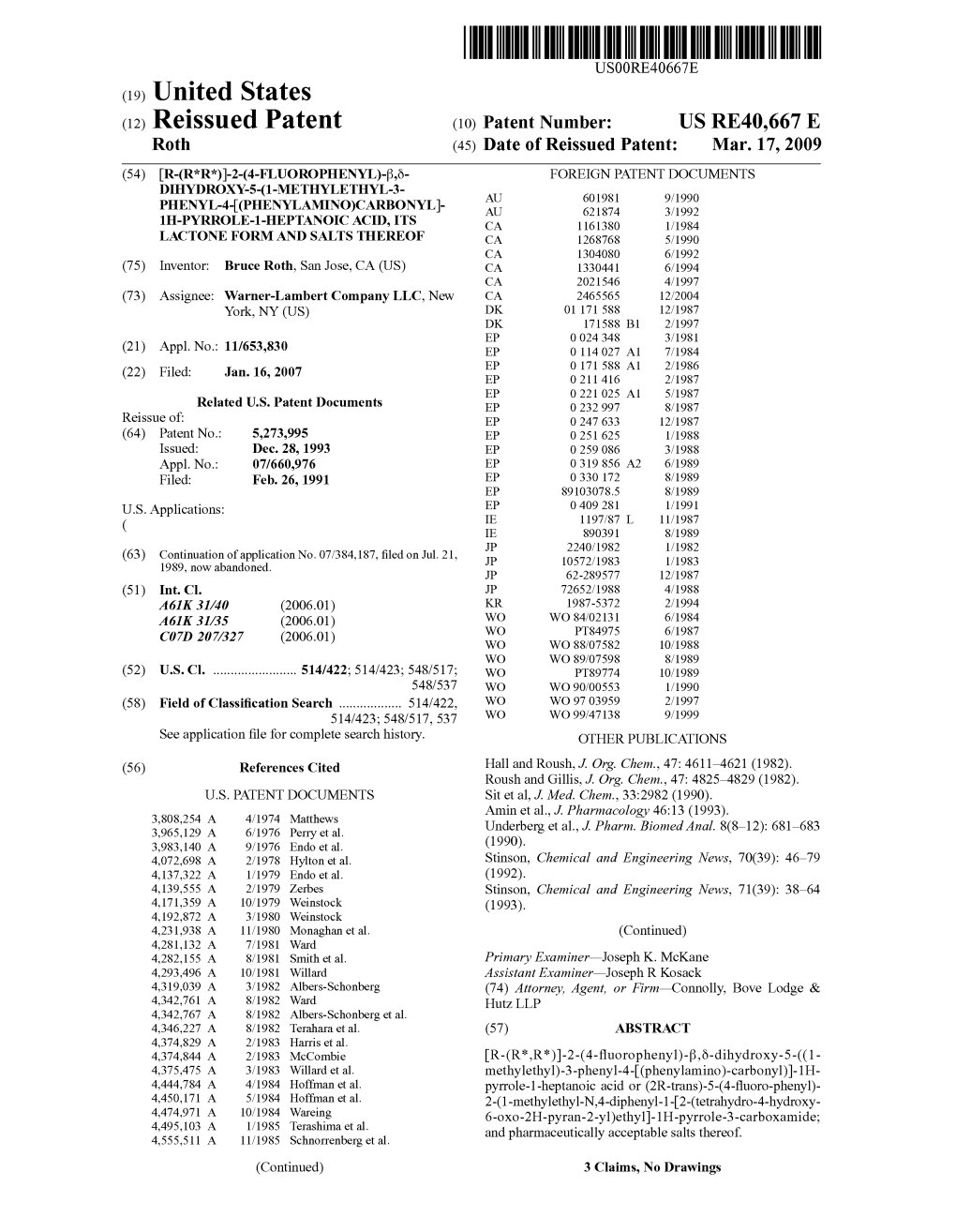 (19) United States (12) Reissued Patent (10) Patent Number: US RE40,667 E Roth (45) Date of Reissued Patent: Mar