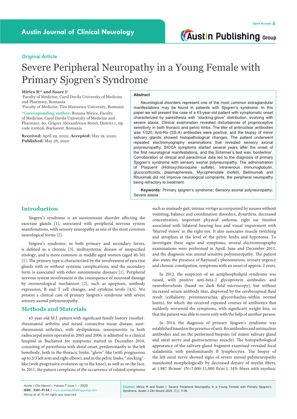 Severe Peripheral Neuropathy in a Young Female with Primary Sjogren’S Syndrome