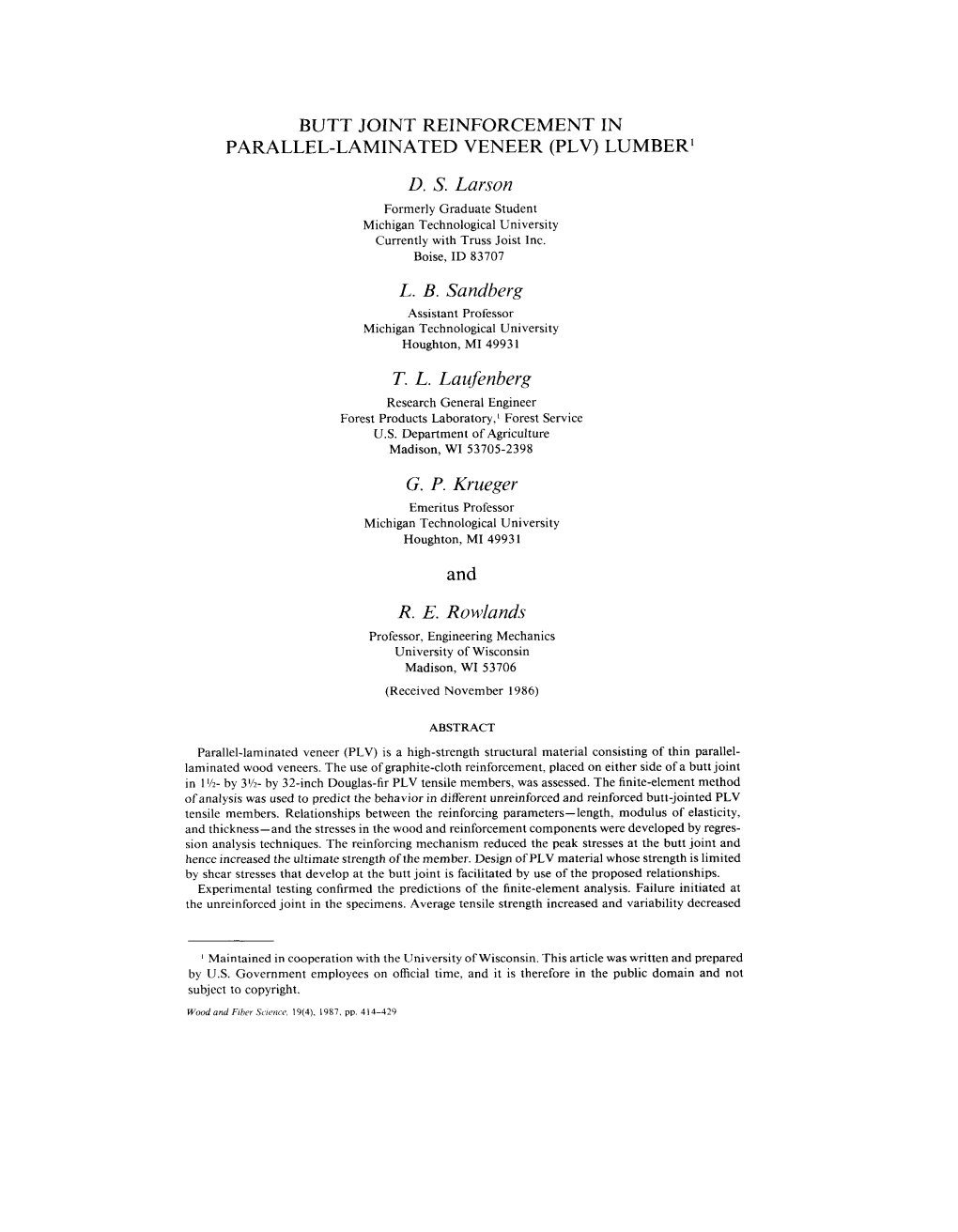 Butt Joint Reinforcement in Parallel-Laminated Veneer (Plv) Lumber1