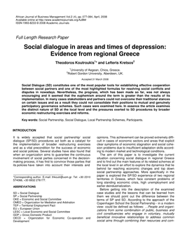 Social Dialogue in Areas and Times of Depression: Evidence from Regional Greece