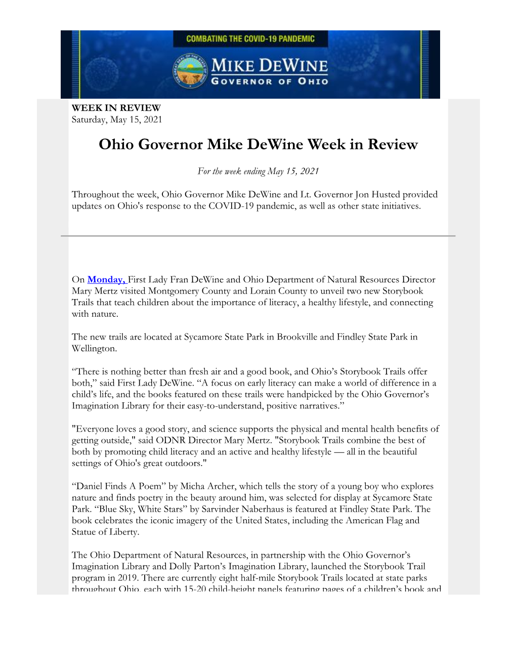 Ohio Governor Mike Dewine Week in Review