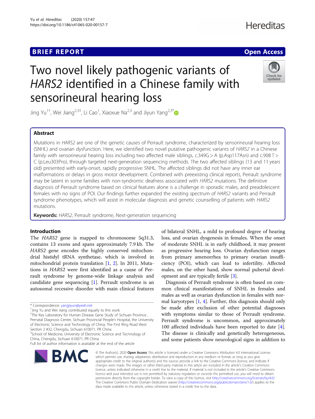 Two Novel Likely Pathogenic Variants of HARS2 Identified in a Chinese