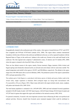 Assessment and Prioritization of Major Camel Diseases in Selected Areas of Afar Regional State, Samara, Ethiopia