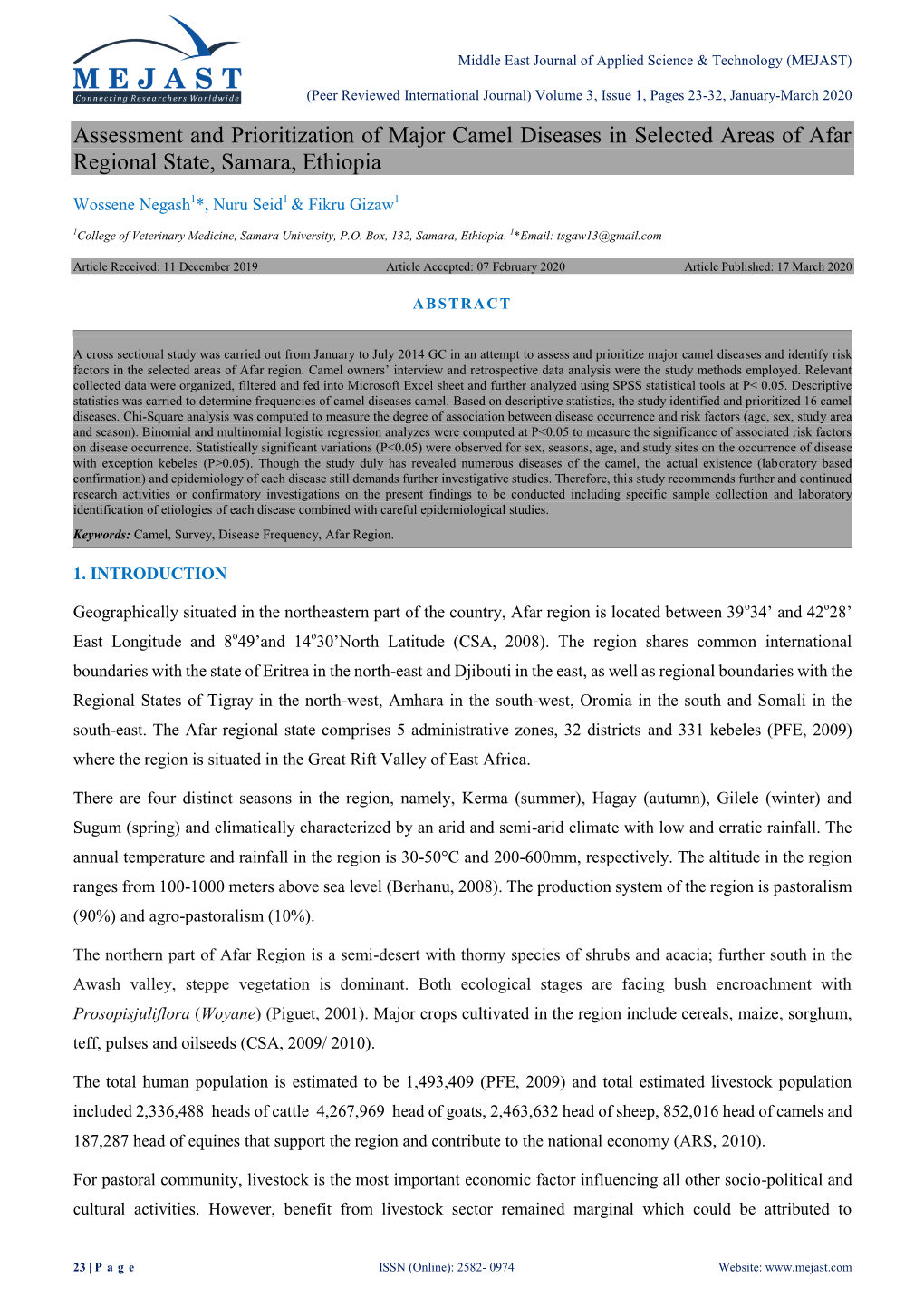 Assessment And Prioritization Of Major Camel Diseases In Selected Areas Of Afar Regional State 4639