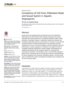 Correlations of Life Form, Pollination Mode and Sexual System in Aquatic Angiosperms