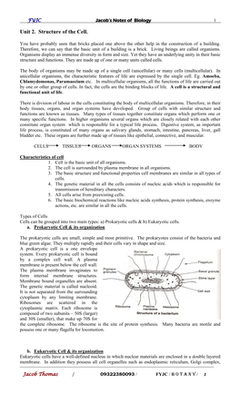 Unit 2. Structure of the Cell