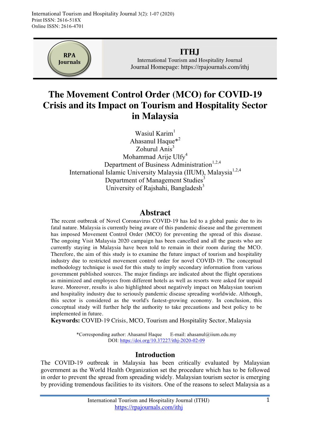 (MCO) for COVID-19 Crisis and Its Impact on Tourism and Hospitality Sector in Malaysia