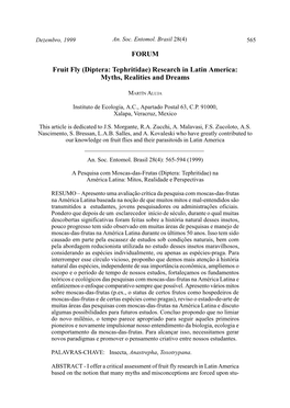 Diptera: Tephritidae) Research in Latin America: Myths, Realities and Dreams