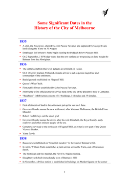 Some Significant Dates in the History of the City of Melbourne